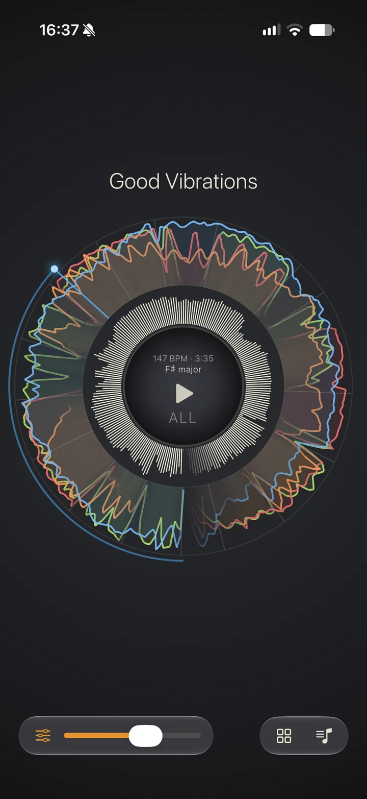 Rose showing Good Vibrations: four coloured instrument lanes around the ring, 147 BPM and F sharp major in the centre disk.