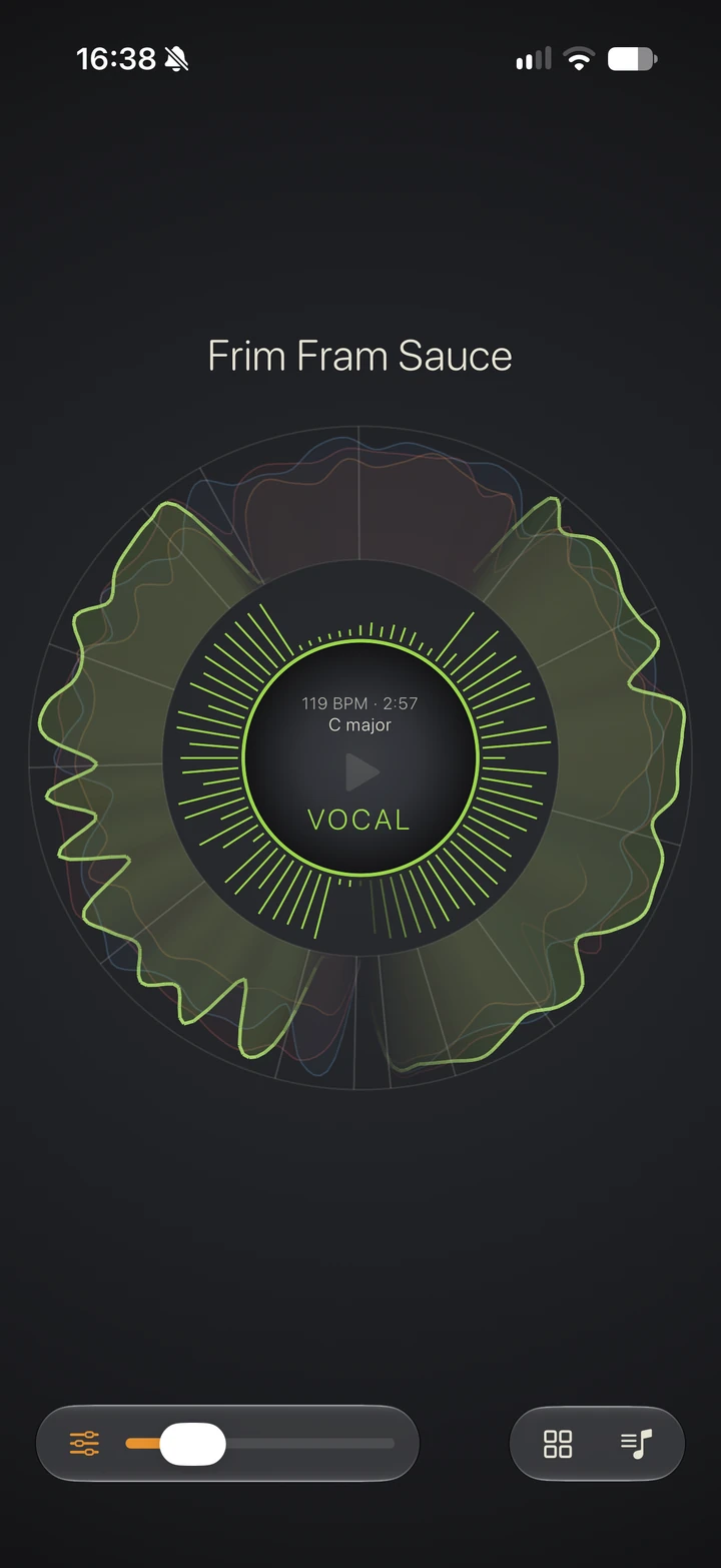 Rose showing Frim Fram Sauce with the vocal stem selected: the vocal lane is lit green and the loudness spokes have turned green.